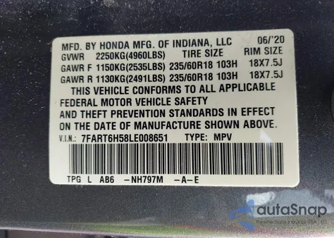 2020 Honda Cr-V Hybrid Ex из США, поврежденный, VIN 7FART6H58LE008651